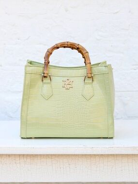 Croc-Embossed Satchel with Bamboo Handle in Light Green